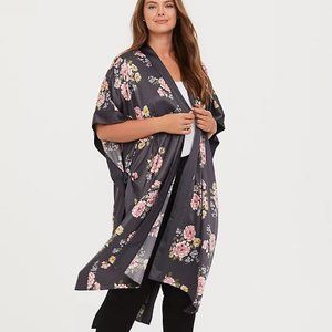 Slate Grey Floral Satin Side-Tie Ruana